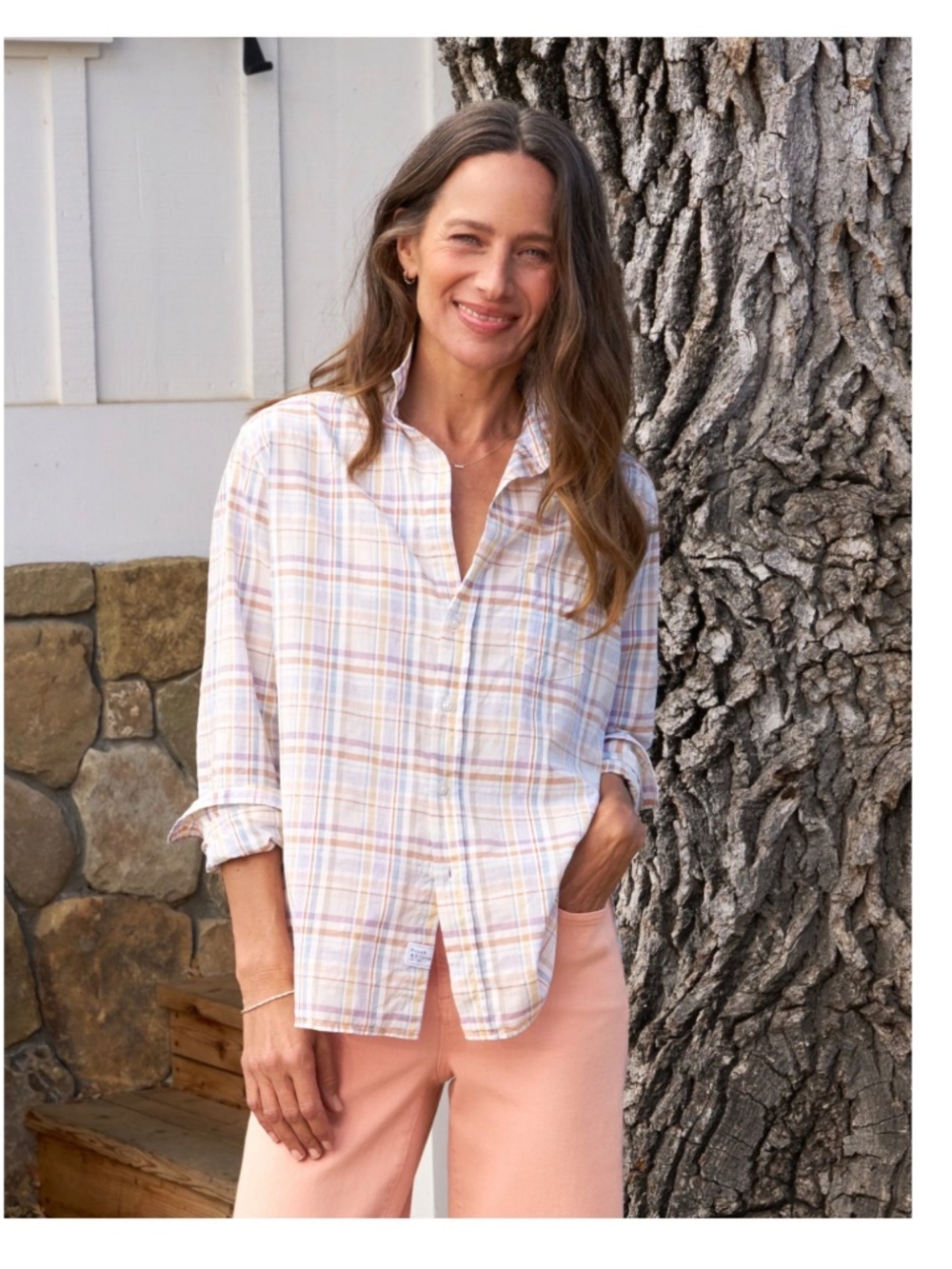 Frank & Eileen “Eileen” Sand Purple Plaid Cotton Linen Shirt XXS
